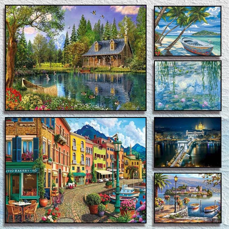 Idyllic Lake Cabin ภูมิทัศน์ Frameless กันน้ํา HD ผ้าใบพิมพ์ Rustic ห้องนั่งเล่น Wall Art