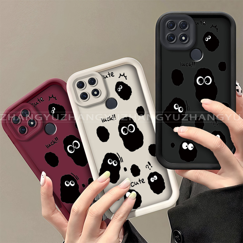 เหมาะสําหรับ OPPO A15 A15S A35S เคสโทรศัพท์ใหม่สีดําการ์ตูนถ่านหินรูปแบบความงามปกอ่อน JT06