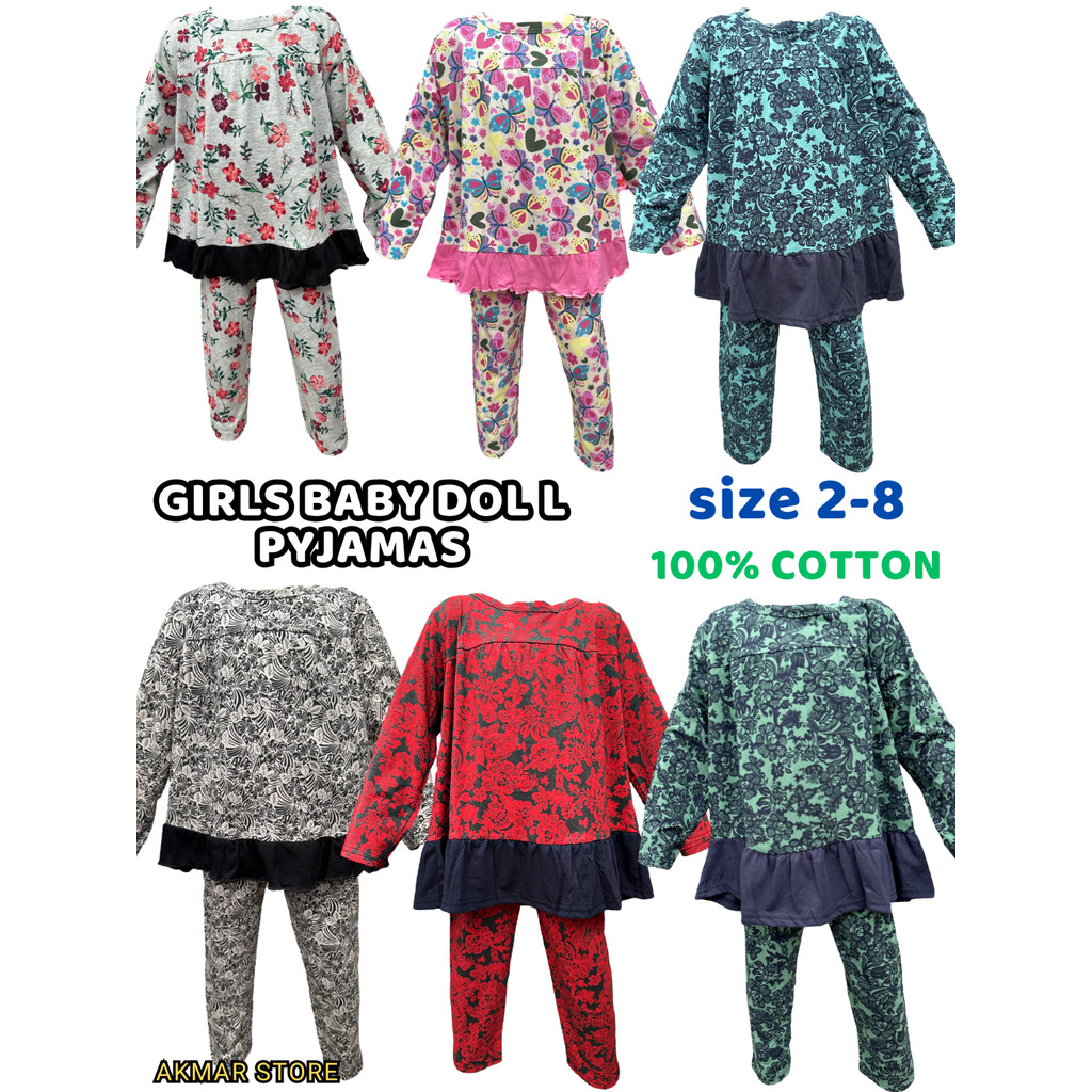 BAJU TIDUR BUDAK PEREMPUAN, PYJAMA BABYDOLL BUDAK PEREMPUAN, ขนาด 2-8, ผ้าฝ้าย 100%, GIRLS BABYDOLL 