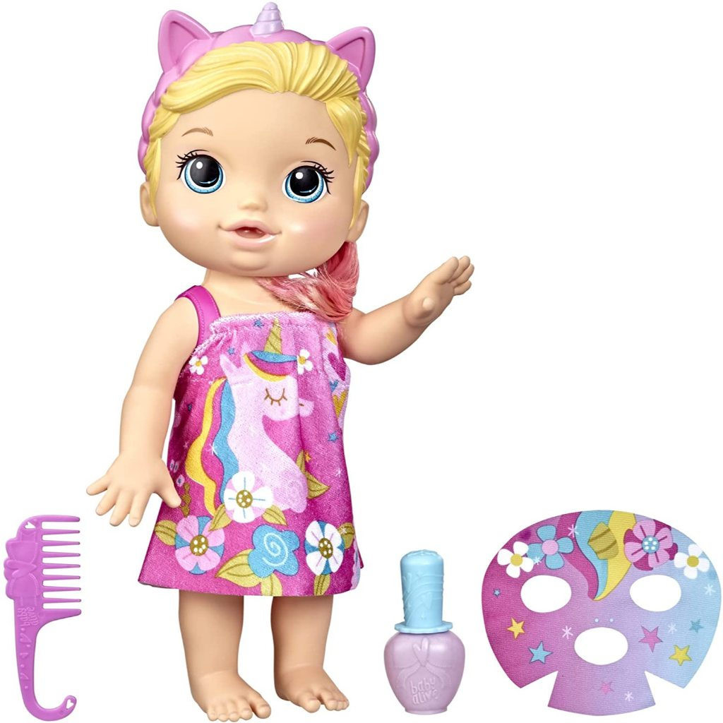 Baby Alive Glam Spa ตุ๊กตาเด็กพร้อมชุดของเล่นแต่งหน้ายูนิคอร์นและอุปกรณ์จัดแต่งทรงผม