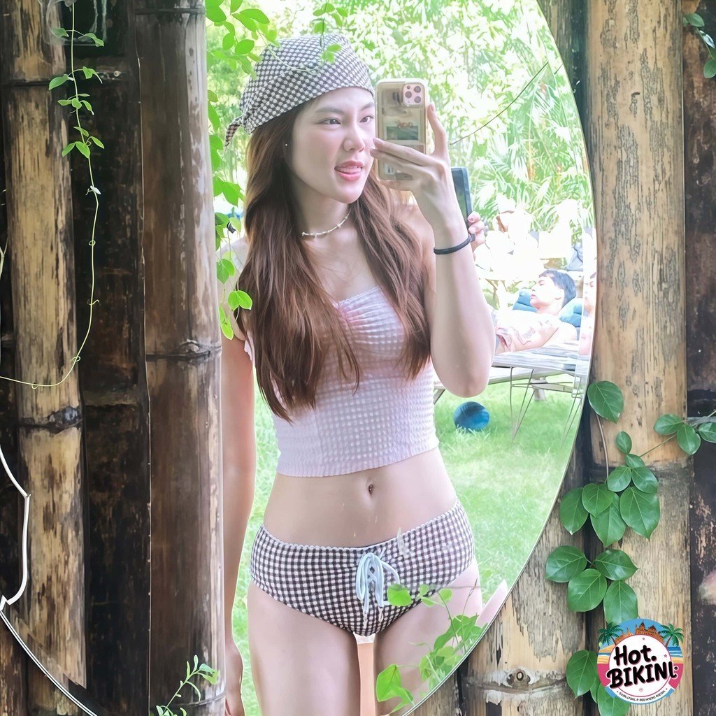 🤎Hot.Bikini🩷ชุดบิกินี่ลายสก็อต บิกินี่ทูพีช เซ็กซี่  ไปเที่ยวทะเล ผ้าสวมใส่สบาย โค้งคำนับ คอวีลึก เอวต่ำ