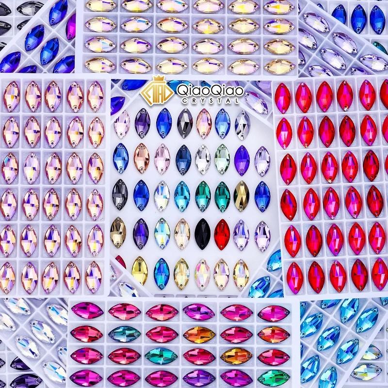 QIAO AB สี Glass Navette Rhinestone Flatback เย็บบน Rhinestones