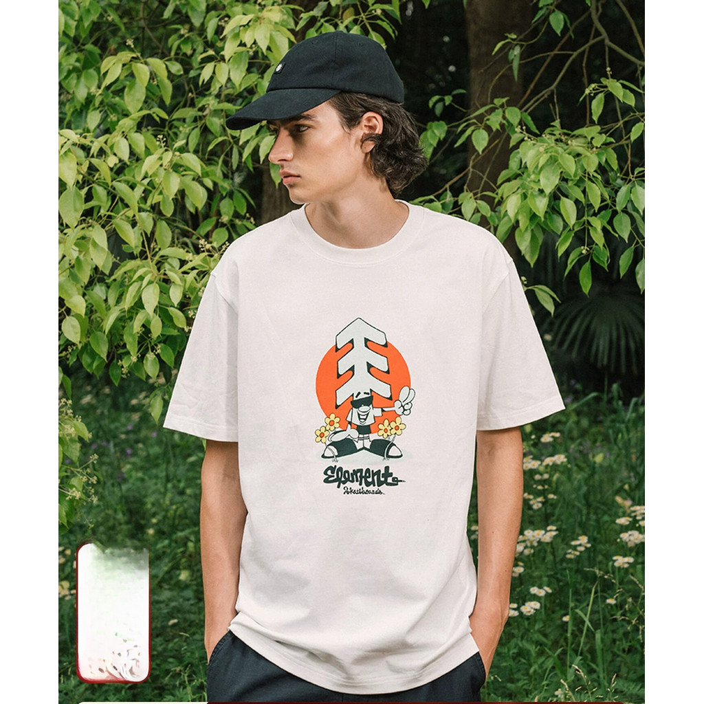 ELEMENT Skateboard เสื้อยืดแขนสั้นผู้ชายสีขาวอินเทรนด์สนุกพิมพ์ผ้าฝ้ายอเนกประสงค์ด้านบน