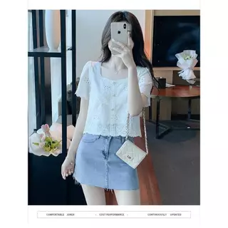 mimi-เสื้อคอเหลี่ยมกลวงออก เสื้อเชิ้ตแขนสั้นผู้หญิงแบบเจาะรู แฟชั่นฤดูร้อน สีขาวหวานๆ ดูดีและช่วยให้ดูผอมเพรียว#99291
