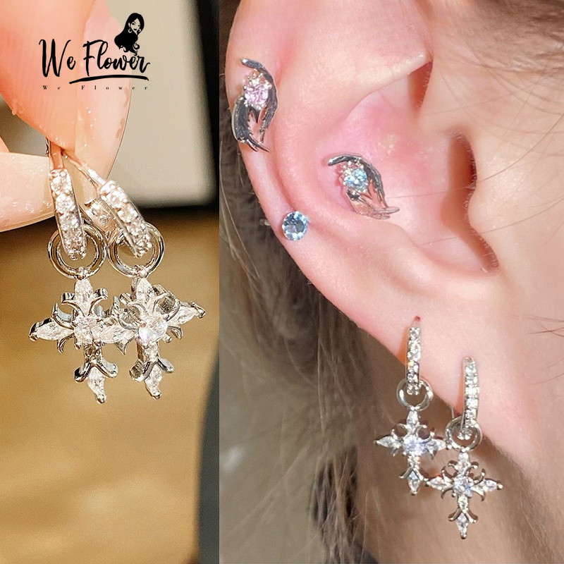 เราดอกไม้ Cool Sweet s925 เงิน Shining คริสตัล Lucky Cross Hoop ต่างหูสําหรับผู้หญิงผู้ชายแฟชั่นเรขาคณิตหูเครื่องประดับ