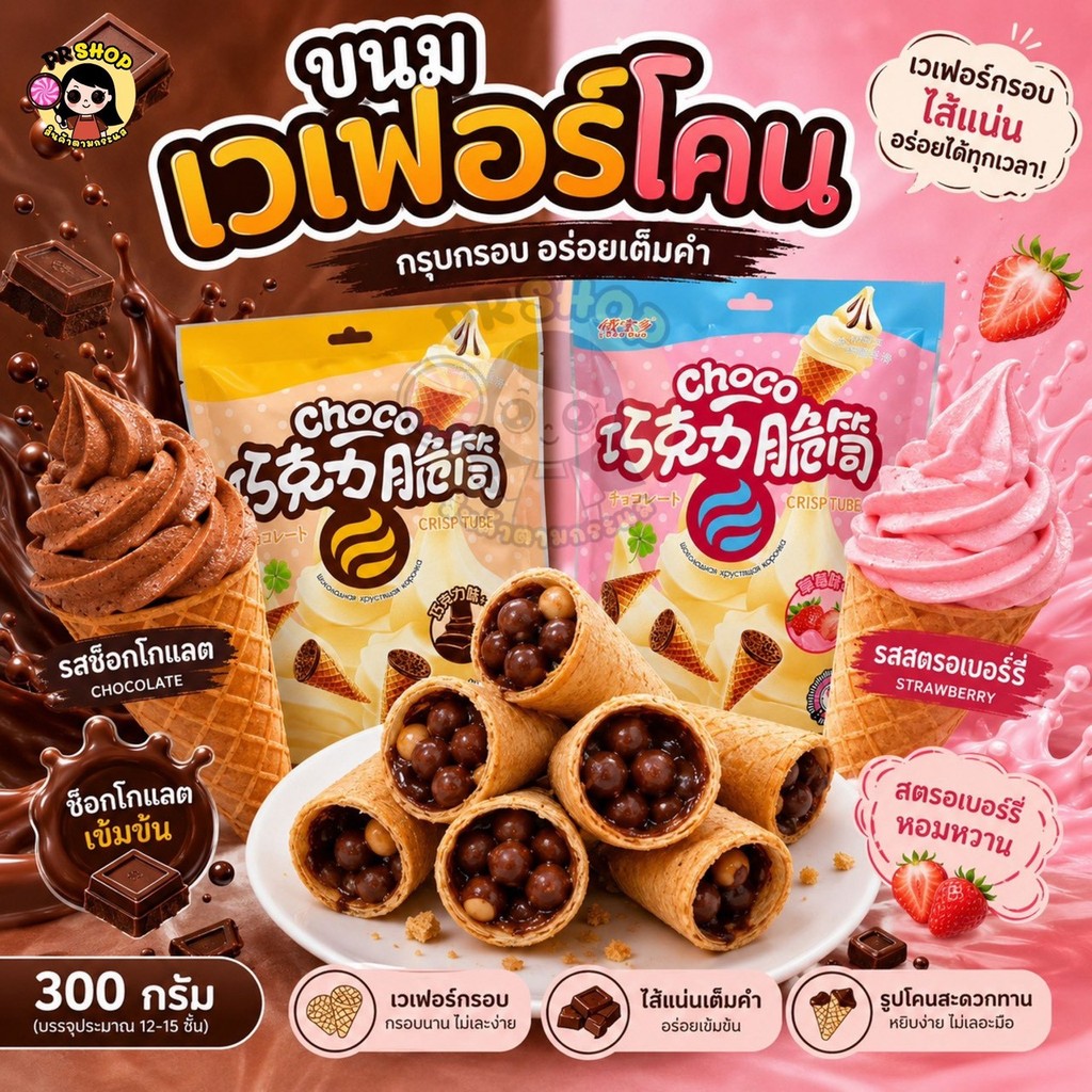 ขนมเวเฟอร์โคนกรอบ ขนาด300กรัม เวเฟอร์สอดไส้ Choco Crisp Tube 2รสชาติ สตรอ์วเบอรี่/ช็อคโกแลต  หอม ไส้แน่น อร่อย