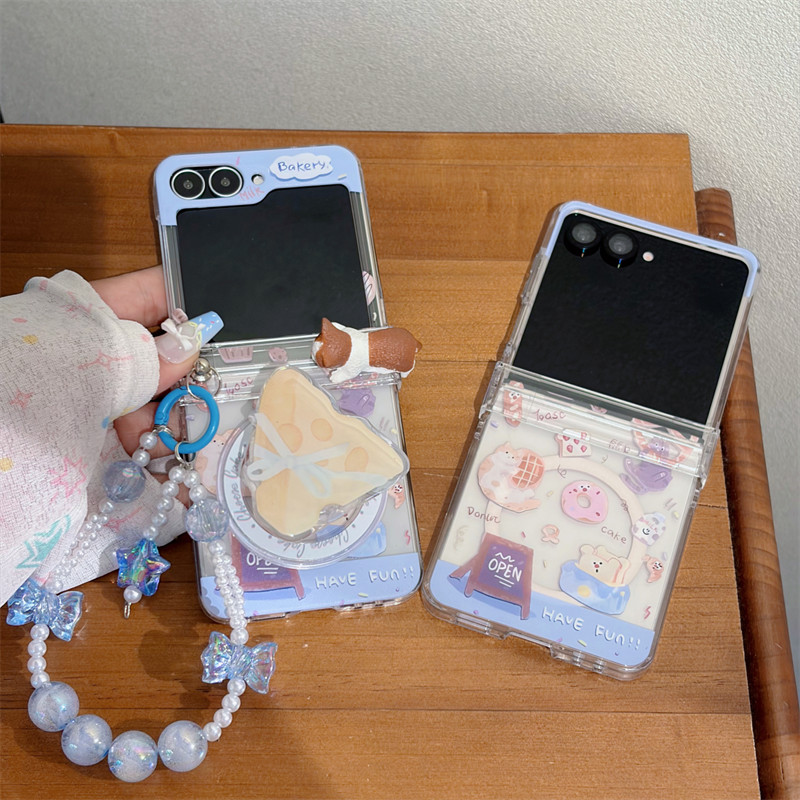 น่ารักชีสแมววงเล็บแม่เหล็กสร้อยข้อมือเคสโทรศัพท์สําหรับ Samsung Galaxy Z Flip 8 7 FE 6 5 ฝาครอบบานพับ