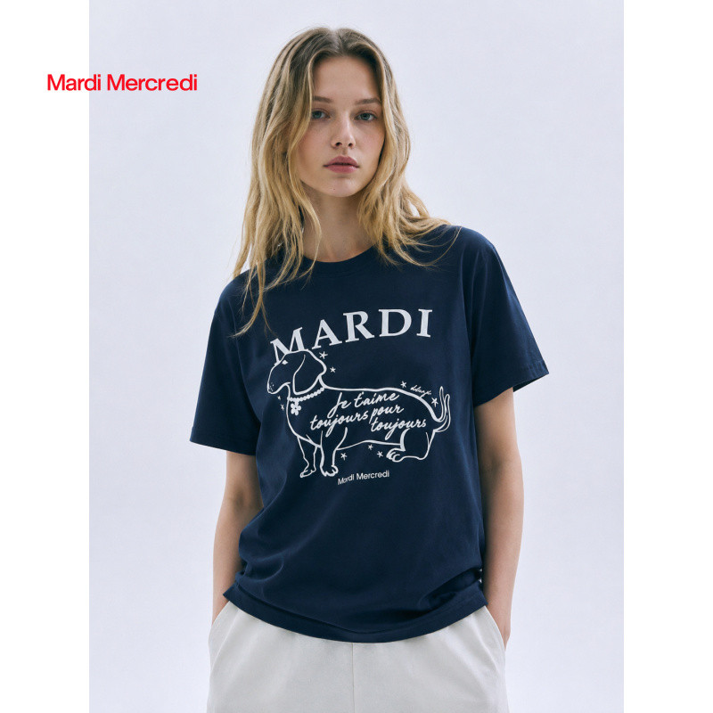 MARDI MERCREDI 26SS TSHIRT เสื้อยืดคอกลมลายหน้าหมาด้านข้าง ทรงหลวม ไหล่ตรง ฤดูร้อน ใส่สบาย เกาหลี ของแท้ 100%