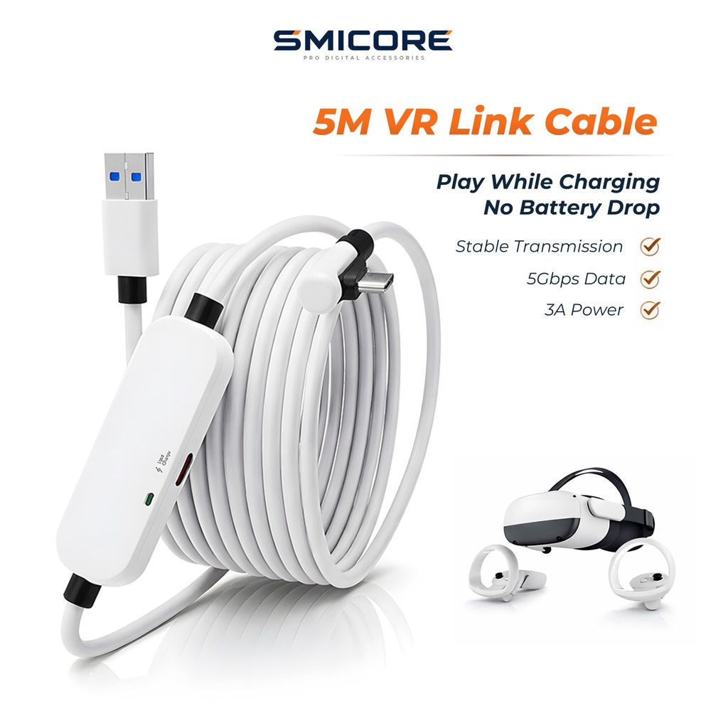 สาย VR Streaming USB 3.2 Type-C 5Gbps 5M สำหรับ Oculus Quest 3/3S/2 Pico 4/3 Link Cable เล่นเกม PC