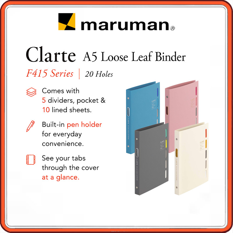 Maruman Clarte A5 Loose Leaf Binder F415 Series – 20‑Hole PP Cover with Tabs & Pocket, Elegant Pastel Colors