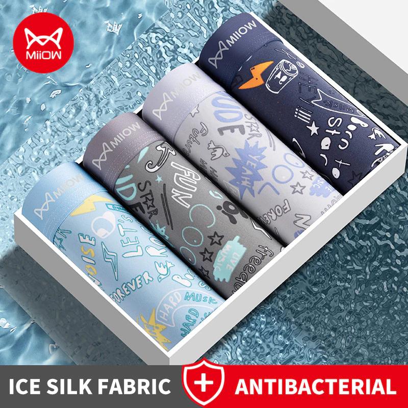 MiiOW 4 ชิ้นผ้าไหมน้ําแข็งผู้ชายนักมวย 10A Antibiotic Crotch Breathable การ์ตูนพิมพ์ชุดชั้นในชาย M1508