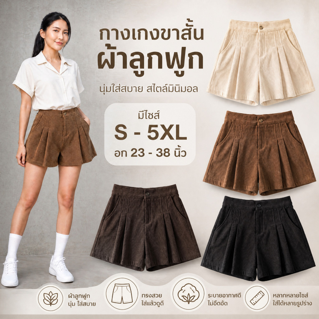 กางเกงขาสั้นสาวอวบ ผ้าลูกฟูก มีไซส์ S-5XL เอวสูง ทรงเอขากว้าง จับจีบหน้าพรางสะโพก มีกระเป๋าข้าง ใส่สบาย