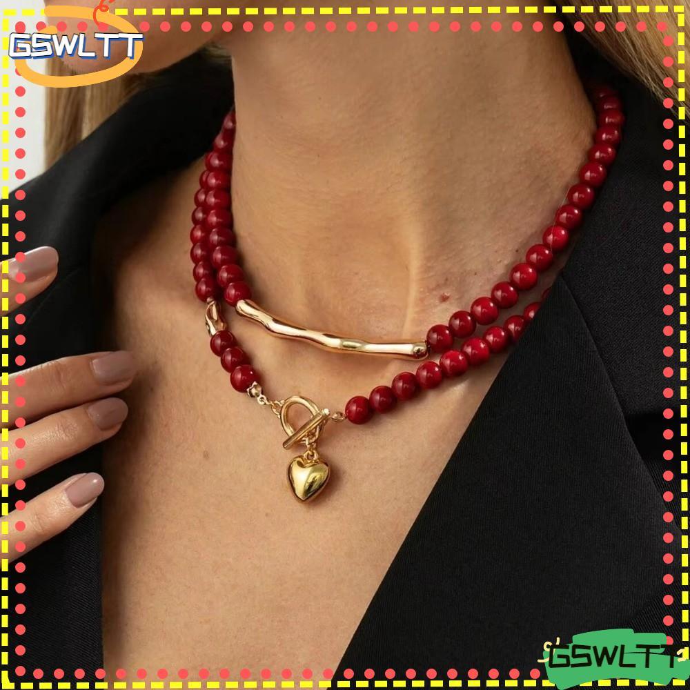 GSWLTT 2 ชิ้น/เซ็ต Love Heart สร้อยคอ, Love Heart ลูกปัดพลาสติกสีแดง Goth Choker, แฟชั่น OT หัวเข็มข