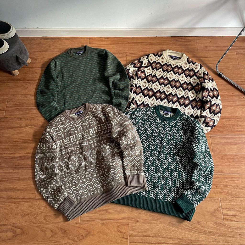 CFE6 Patagonia Nordic Retro สไตล์ฤดูหนาวบรรยากาศ Phil Island Jacquard เสื้อกันหนาวถักเสื้อกันหนาวรอบ