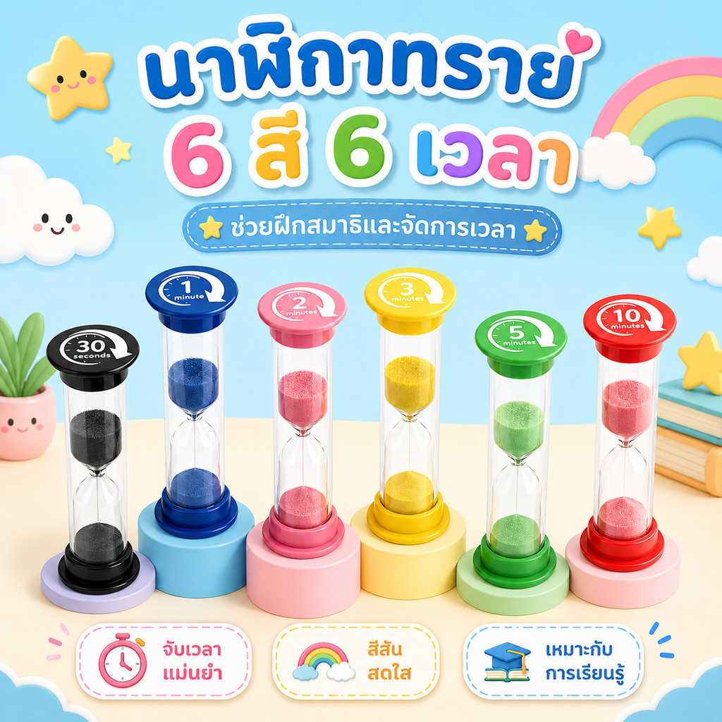 🔥จัดส่งจากกรุงเทพ🔥นาฬิกาทรายหลากสี 6 เวลา จับเวลาแม่นยำ ใช้งานง่าย สำหรับเด็ก เรียน ทำงาน ออกกำลังกาย และทำอาหาร