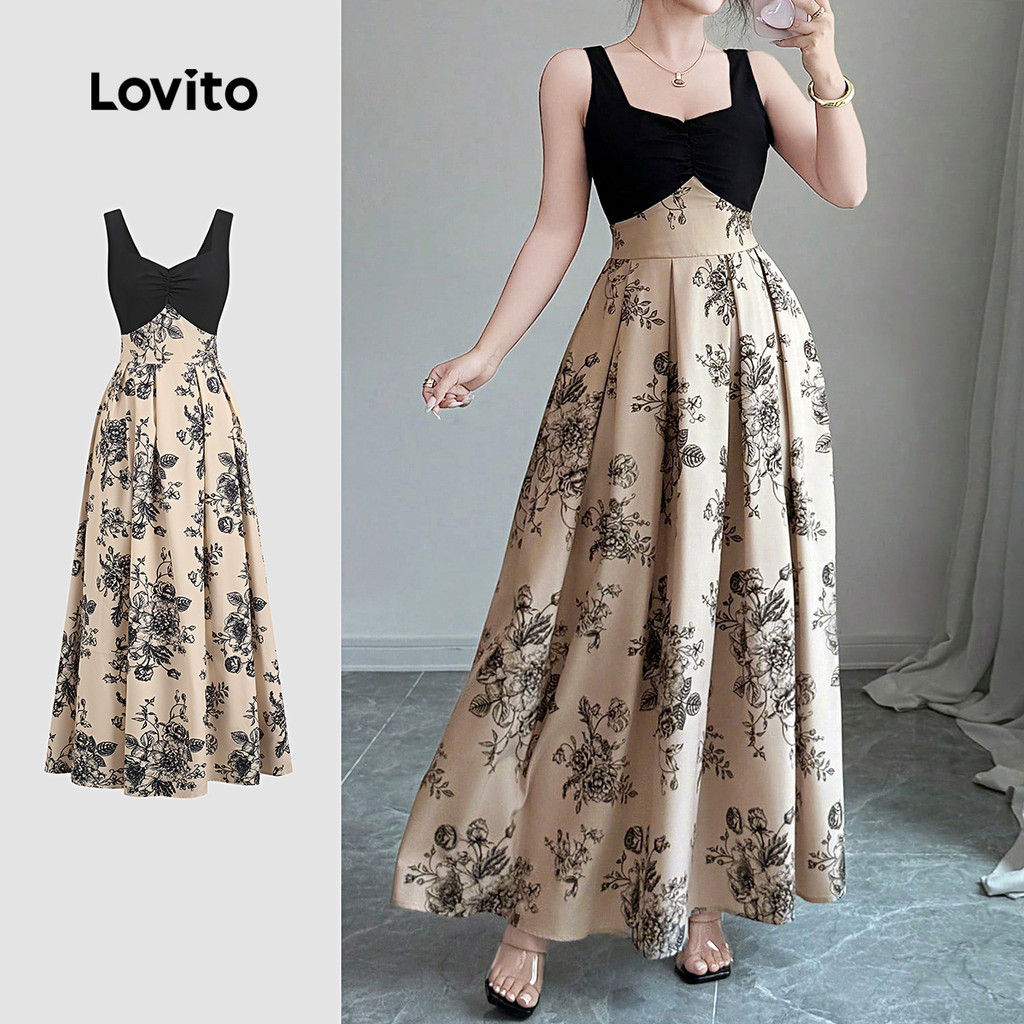 Lovito สง่างาม เดรส สีบล็อก เย็บผ้า สไตล์รีสอร์ท สําหรับผู้หญิง ฤดูใบไม้ผลิ/ฤดูร้อน LK3ED923