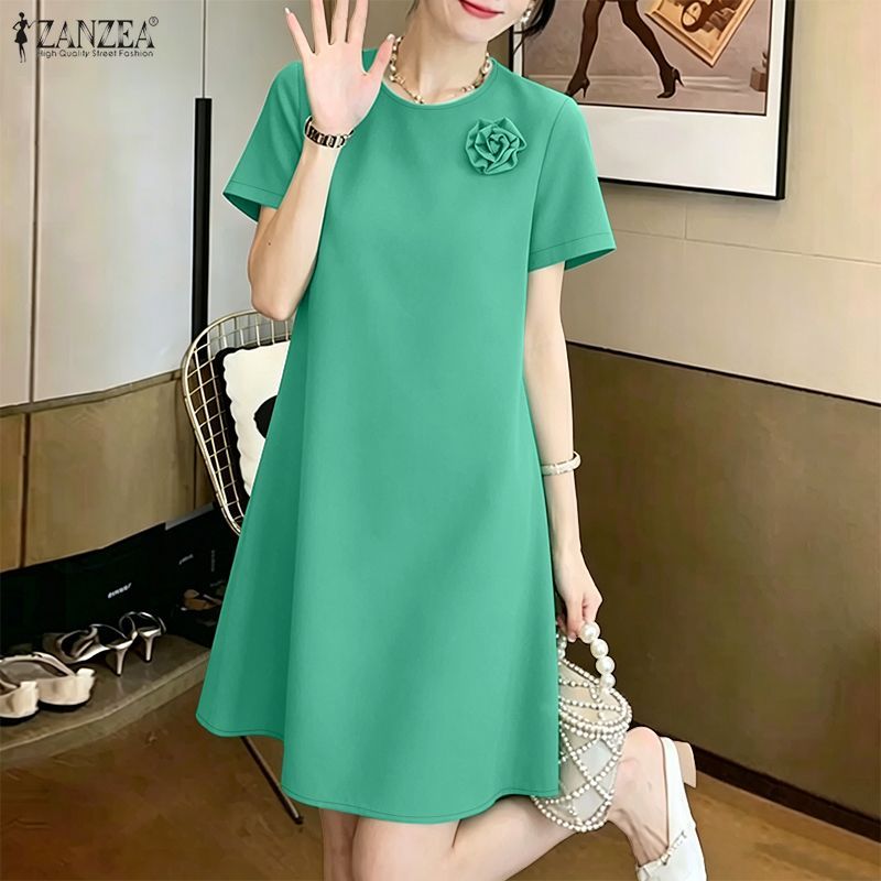 ZANZEA ผู้หญิงเกาหลีอารมณ์หรูหราคอลูกเรือแขนสั้น 3D ดอกไม้ตกแต่งหลวม A-Line ชุดเดรส — صورة 5