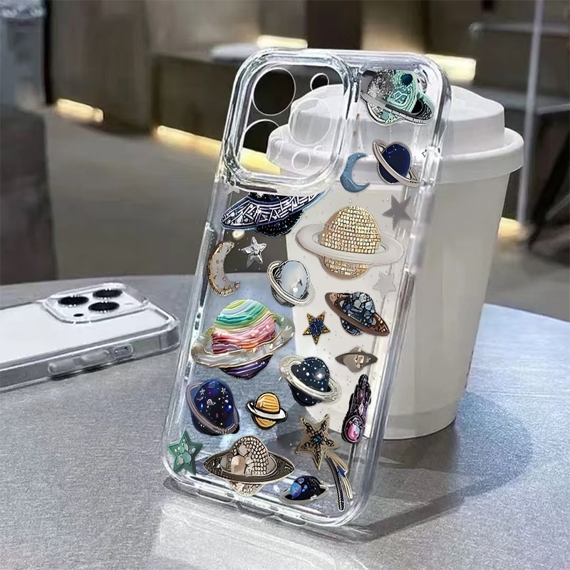 โปร่งใสโปร่งใส Soft Case เหมาะสําหรับ iPhone 14 Pro Max Fun Star Diamond Planet Retro 16 ProMax 12 P