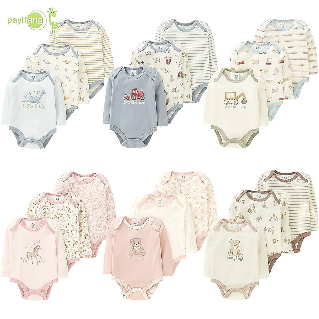 PAYI BABY-3 PIECES ผ้าฝ้ายนุ่มทารกแรกเกิดเสื้อผ้าเด็กทารกสาว Romper ทารกแขนยาว Onesies บอดี้สูท