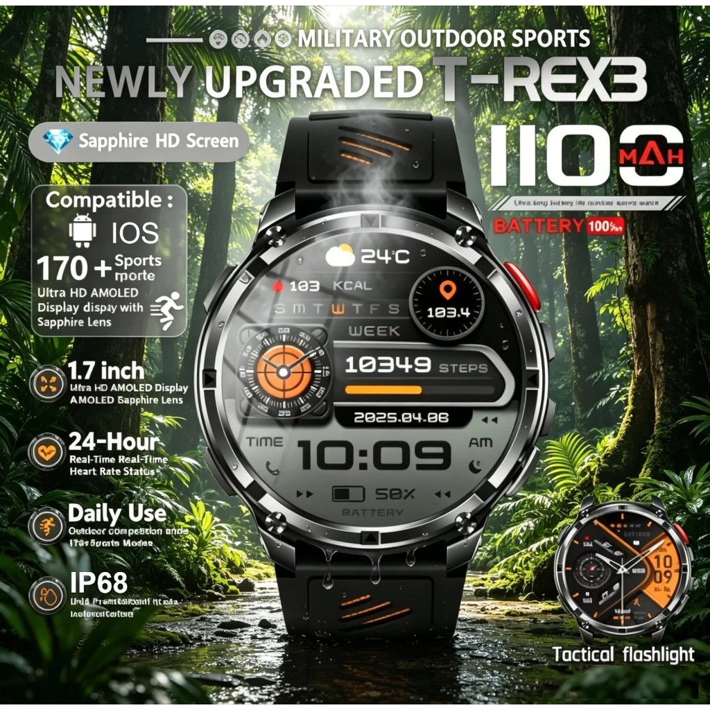 T-REX 3 ทหาร Smartwatch ผู้ชาย 1100mAh แบตเตอรี่ทนทานเป็นพิเศษ SmartWatch กันน้ํา HD Call 170 + โหมด