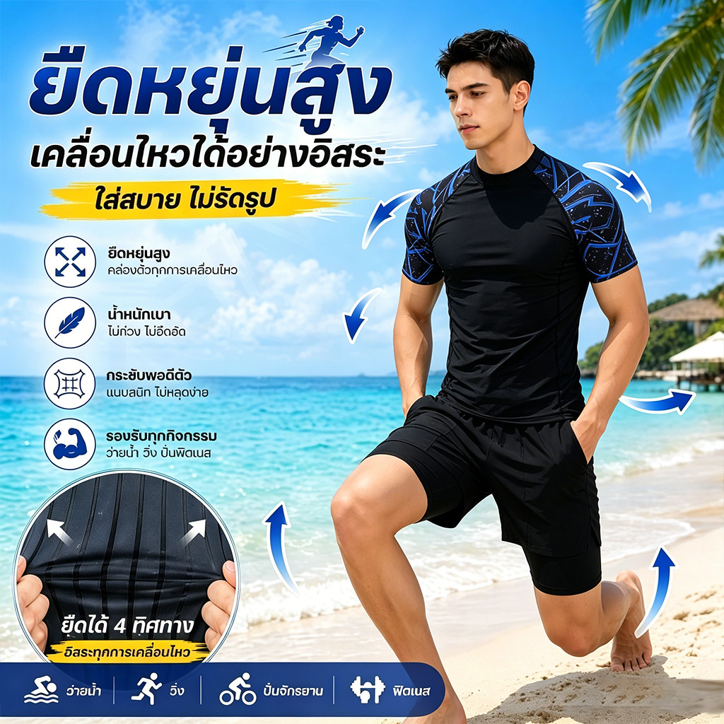 ชุดว่ายน้ำแขนสั้นกางเกงขาสั้นกันแดด เสื้อว่ายน้ำผู้ชายทรงแขนสั้นมีซับในแต่งพื้นสี ชุดว่ายน้ำผู้ชาย91614+700-06