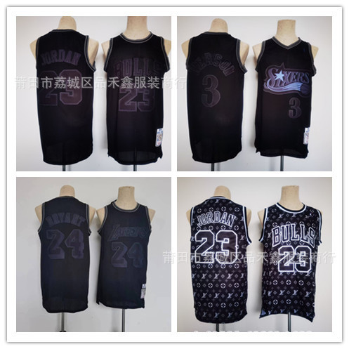 จัดส่งในวันเดียวกัน!!Bulls 23 Jordan Lakers 24 Kobe 76ers 3 Iverson All Black Joint Jersey
