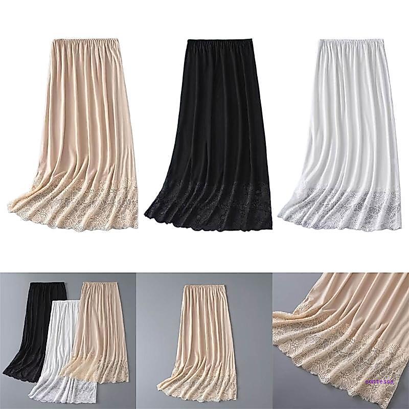 CON ผู้หญิงลูกไม้ Trim ที่มองไม่เห็นกระโปรง Petticoat ภายใต้ชุดครึ่งความยาวกระโปรงยาว