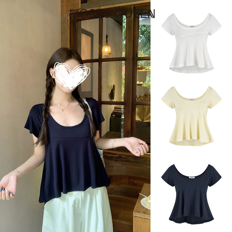 MOSESQUEEN มอสเนสควีน เสื้อยืดแขนสั้นคอวีน่าระทึกใจสําหรับผู้หญิงในฤดูร้อน-เสื้อท็อปแขนสั้นทรงหลวมใส่แล้วดูผอม #63865