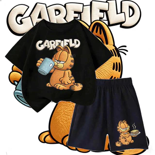 แมวGarfieldกินของอร่อยน่ารักมาก! ชุดใส่บ้านเด็ก 2 ชิ้น ใส่สบาย ไม่รัดหน้าท้อง ซื้อใส่เองหรือส่งของขวัญก็เลิศม