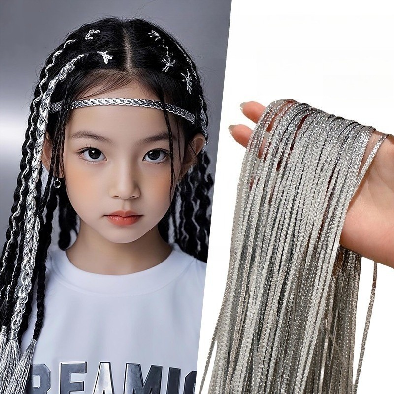 เด็กที่มีสีสันถักเปียเชือกผมริบบิ้นเงินฮิปฮอปอุปกรณ์ผมสําหรับถนนเต้นรําแสดง