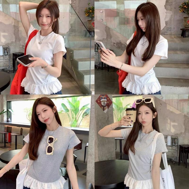นางสาว เสื้อยืดแขนสั้น คอกลม น่ารักที่สุด สีพื้น แต่งปลายเก๋ๆ