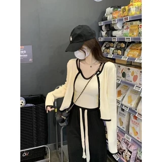 เสื้อถักนิตติ้ง สไตล์ฝรั่งเศส น่ารัก และเซ็กซี่ สำหรับผู้หญิง ฤดูใบไม้ผลิ สไตล์ใหม่ ชุดนม คาร์ดิแกนสายเก๋ สูทสองชิ้น