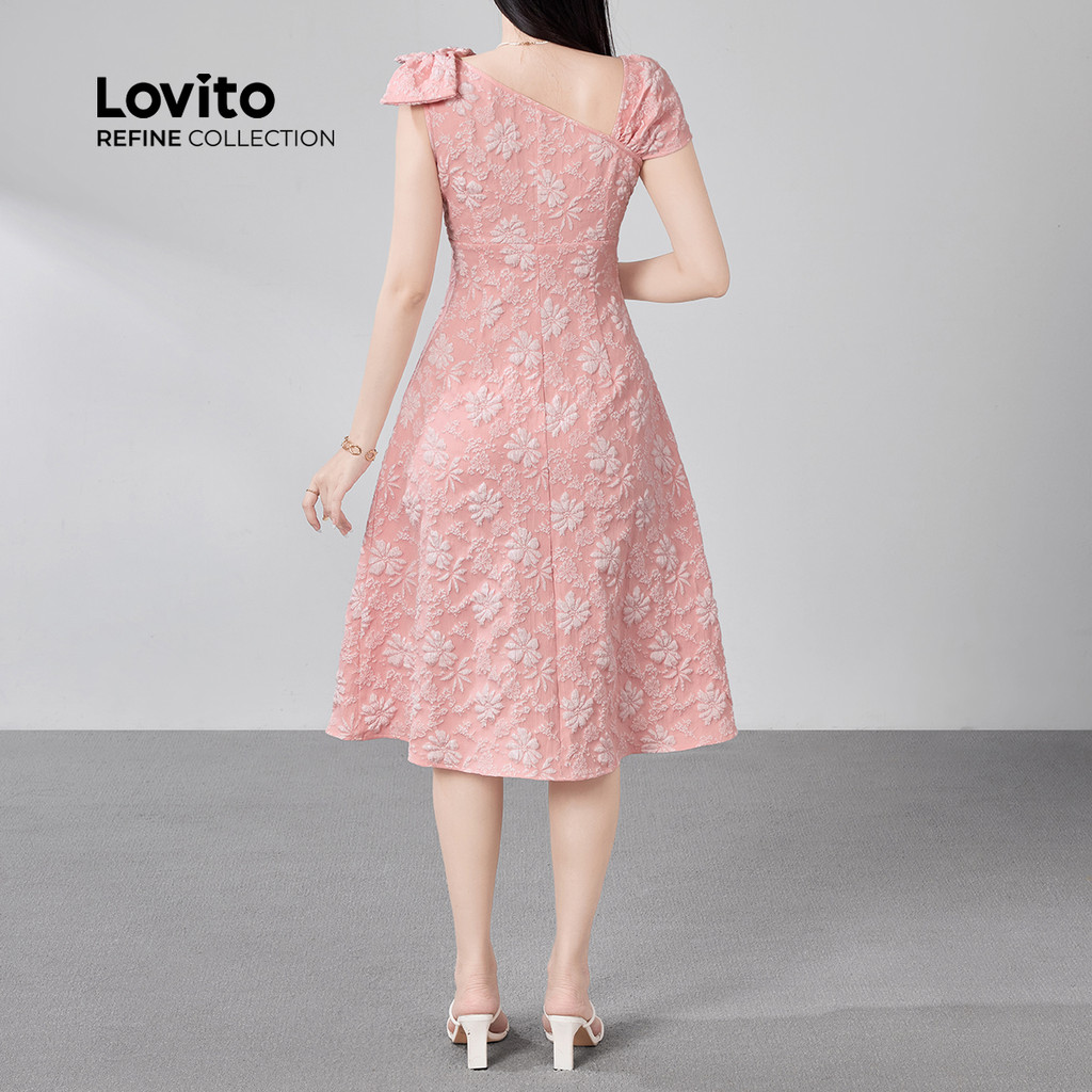 (New) (Lovito Refine) ชุดเดรสเจาะลายดอกไม้สไตล์หรูหรา สำหรับฤดูใบไม้ผลิ/ฤดูร้อน สีชมพู สำหรับผู้หญิง LR18E019