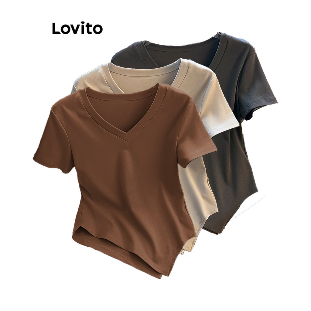 Lovito เสื้อยืดลําลองเสื้อยืดอสมมาตรธรรมดาสําหรับผู้หญิง LNA27003 (หลากสี)