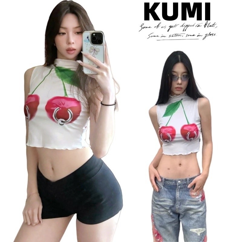 KUMI พร้อมส่ง🍒เสื้อยืด เสื้อครอป❤️️เข้ารูป เซ็กซี่ ปลอกคอสูง แฟชั่นผู้หญิง สไตล์เกาหลี Y2K สุดเก๋ รูปแบบเชอร์รี่ แซ่บ!