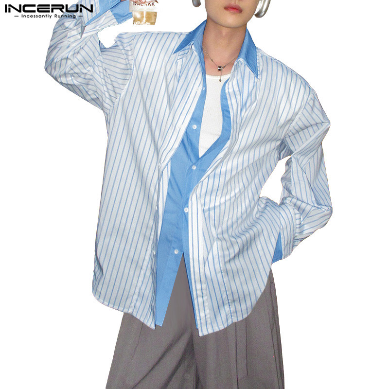 INCERUN ผู้ชายเกาหลีอินเทรนด์หล่อLapelแขนยาวลายSplicingเสื้อสองชิ้นปลอม
