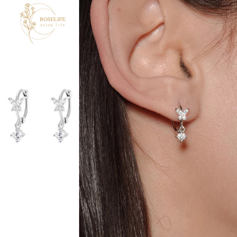 Roselife เกาหลี S925 เงิน 1 คู่ Glittery คริสตัลผีเสื้อ Hoop ต่างหูสําหรับผู้หญิงรอบหูวงกลมเครื่องประดับอุปกรณ์เสริม