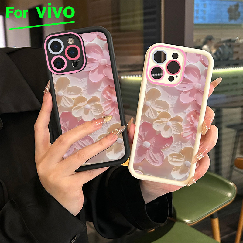 For Vivo เคสโทรศัพท์วิโว่ Y200 Y20 Y20s กรอบเลนส์สีชมพู Y12s Y12A ภาพวาดสีน้ำมันดอกไม้ Y17 Y12 Y15 Y11 Y12i Y15