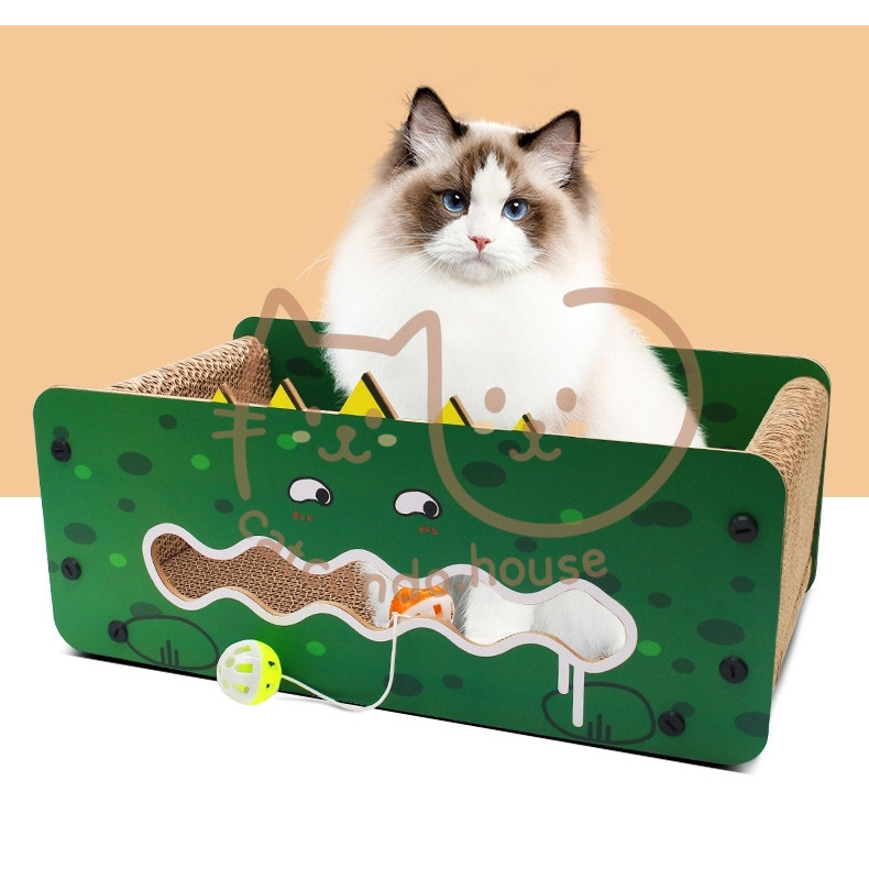 Cathouse กล่องลับเล็บปากใหญ่ ที่ลับเล็บแมวทรงกล่องนอน ลายการ์ตูนน่ารัก มีของเล่นในตัว - รูปที่ 2