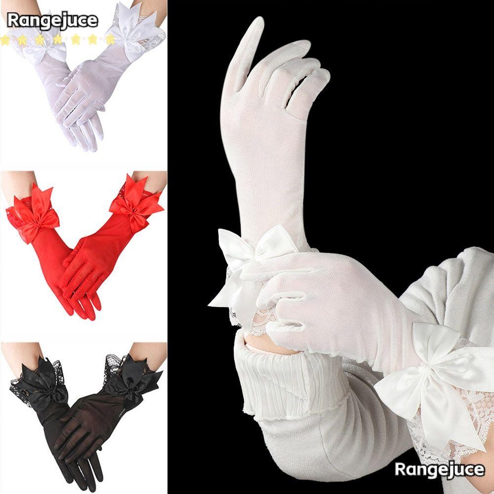ถุงมือลูกไม้สำหรับงานแต่งงาน ทำจากชีฟองครีม มีการป้องกันแสงแดดและประดับด้วยโบว์
