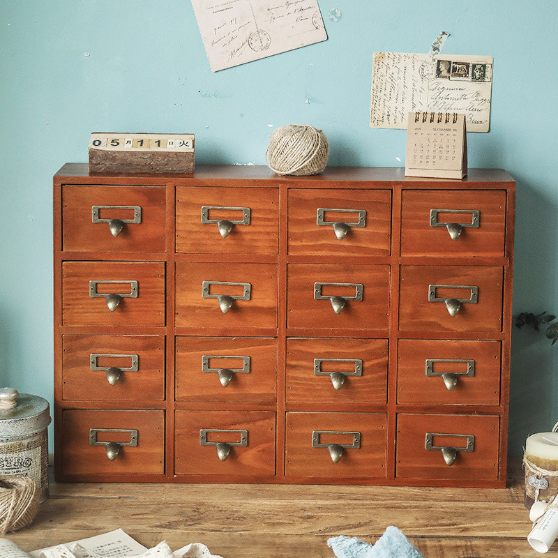 Zakka Retro Desktop Sundries Storage Key จีนตู้ยาตกแต่งไม้ Jiugongge ลิ้นชักกล่องเก็บ JN8U