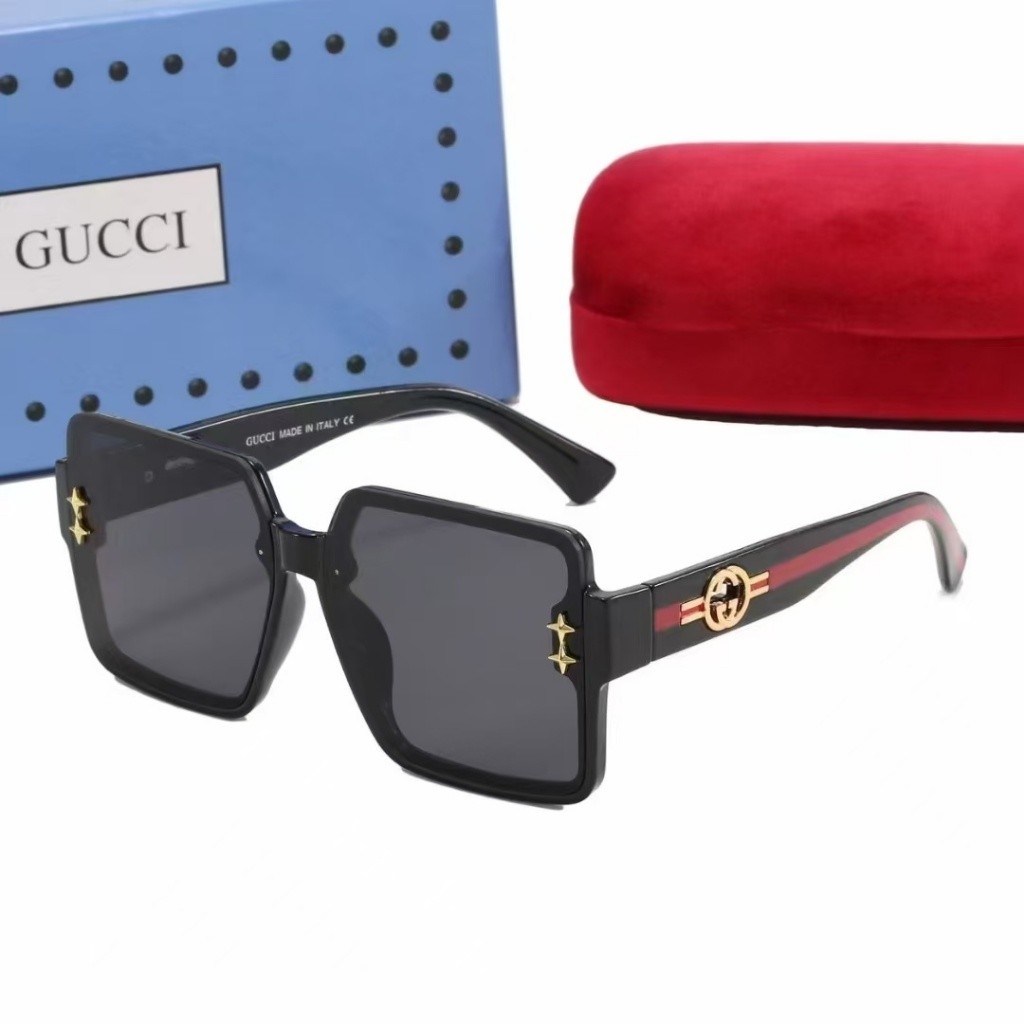 GUCCI แว่นกันแดดทรงสี่เหลี่ยมขนาดใหญ่ GG Gold Label Red Green Stripes Fashion All-Match ผู้ชายผู้หญิ