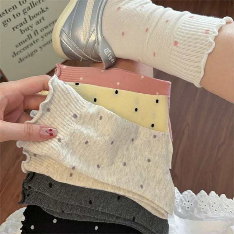 ถุงเท้าแฟชั่นสตรี ถุงเท้า JK ญี่ปุ่น ลายจุด ผ้าฝ้ายแท้ ใส่สบาย ระบายอากาศได้ดี