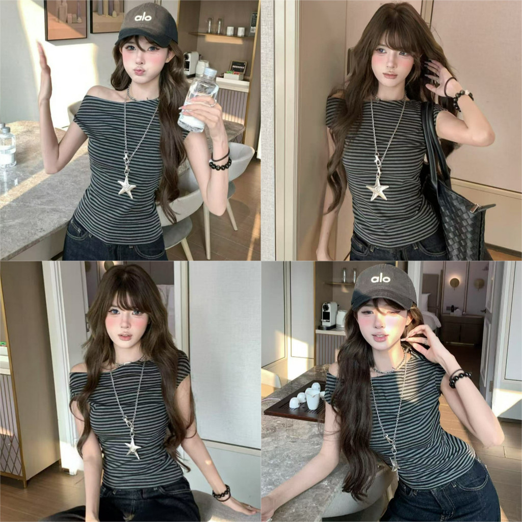 ⭐Soroh⭐เสื้อยืด เปิดไหล่ ลายทาง เข้ารูป ผ้าใส่สบาย เสื้อผ้าสตรี สไตล์เกาหลี แฟชั่น มินิมอล#FYP61