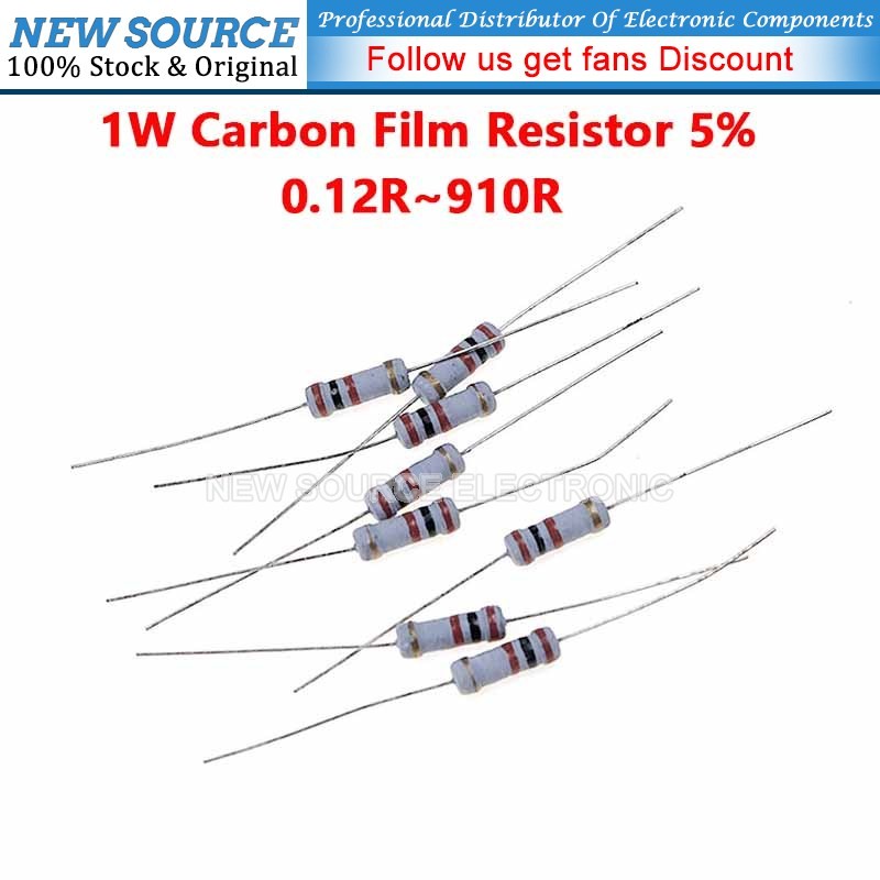 [20 ชิ้น] 1W ตัวต้านทานฟิล์มคาร์บอน 5% 0.22R 0.33R 0.47R 1R 1.5R 4.7R 10R 33R 68R 100R 150R 270R 470R 680R Ohm Resistance