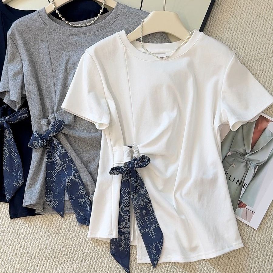 ส่งไวจากไทย⭐Summer⭐S-XL เสื้อยืดผูกเชือกคอวงรูปแบบใหม่ สำหรับผู้หญิง ดีไซน์เรียวยาวแขนสั้น มีเชือกผูกด้านข้าง