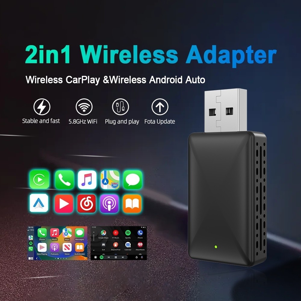 Wireless CarPlay Android Autoอะแดปเตอร์สมาร์ทมินิกล่องPlug and Play WiFiเชื่อมต่อแบบมีสายไร้สายUSB Dongle 2 in 1