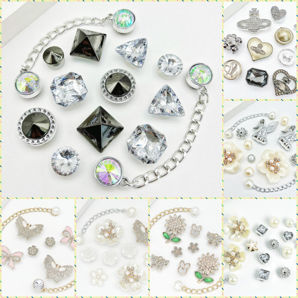 รองเท้าชายหาด.Cross Jibbilz charms สไตล์หรูหรา พร้อมลูกเล่นเพชรสีดำและโซ่ดอกไม้