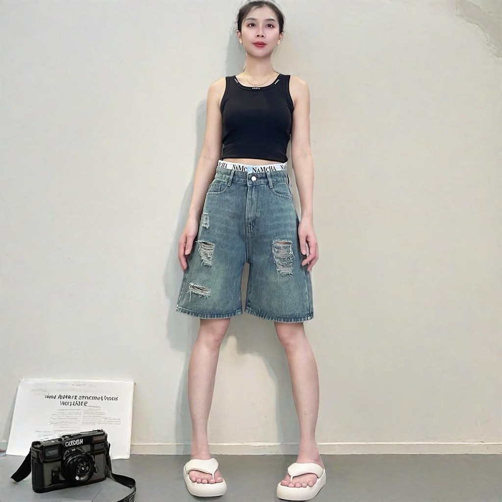 NAMCHA กางเกงยีนส์สามส่วนเอวสูง เอวสปอร์ต สกรีนNAMCHA เเต่งขาด สีกรีนบลู 2734