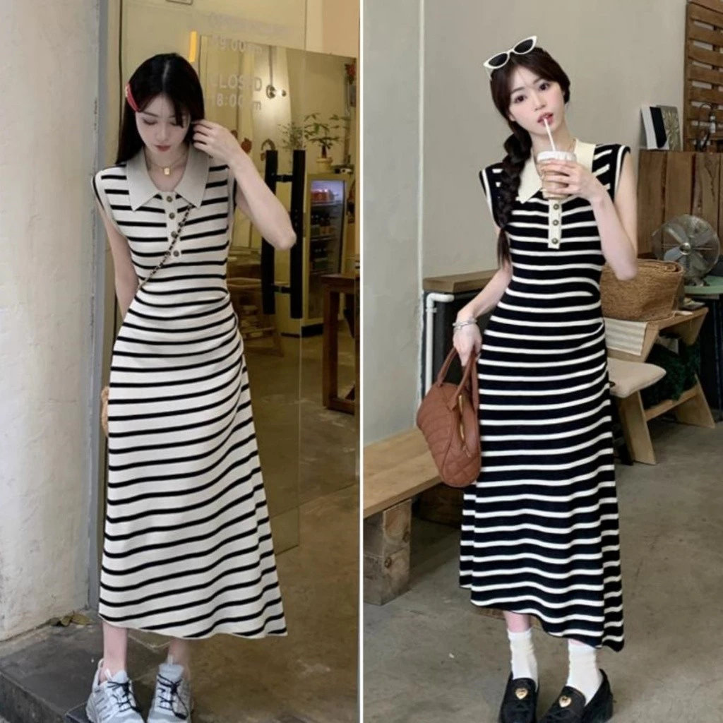 Bella Shop ชุดเดรสสวยหรูดูแพง ชุดเดรสสไตล์เกาหลี กระโปรงยาวสุดๆลาย ลายทางยืด แขนสั้น สไตล์ลำลอง